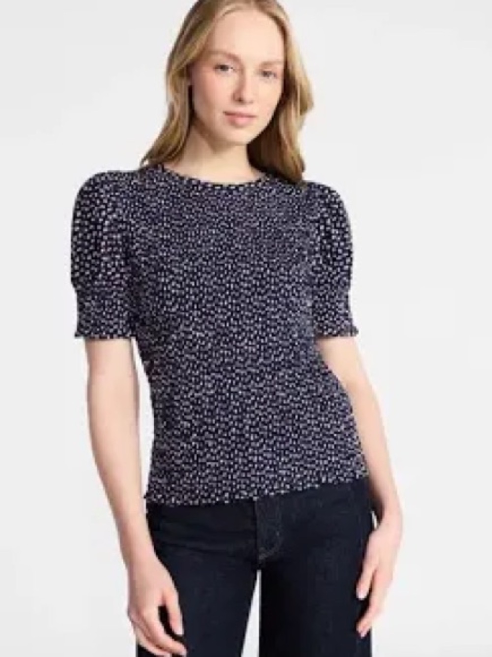 Time and Tru Smocked Short Sleeve Top Navy White Polka Dots Size L NWT